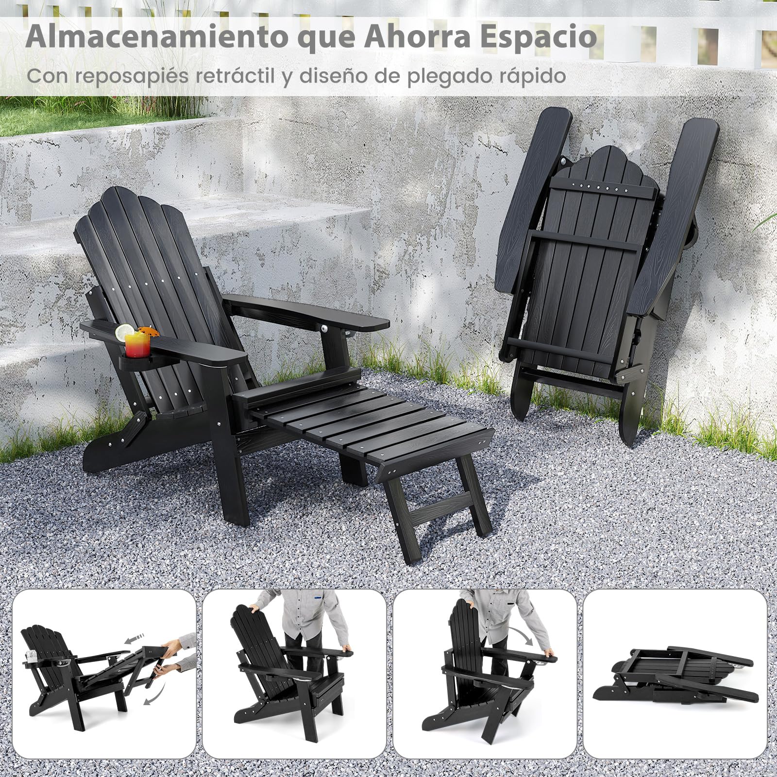 GOPLUS Silla Adirondack Ajustable, Tumbona Plegable de 4 Posiciones con Escabel Retráctil, Silla de Hips para Todo Clima con Portavasos, Tumbona Jardín Exterior de Listones para Terraza Piscina Patio