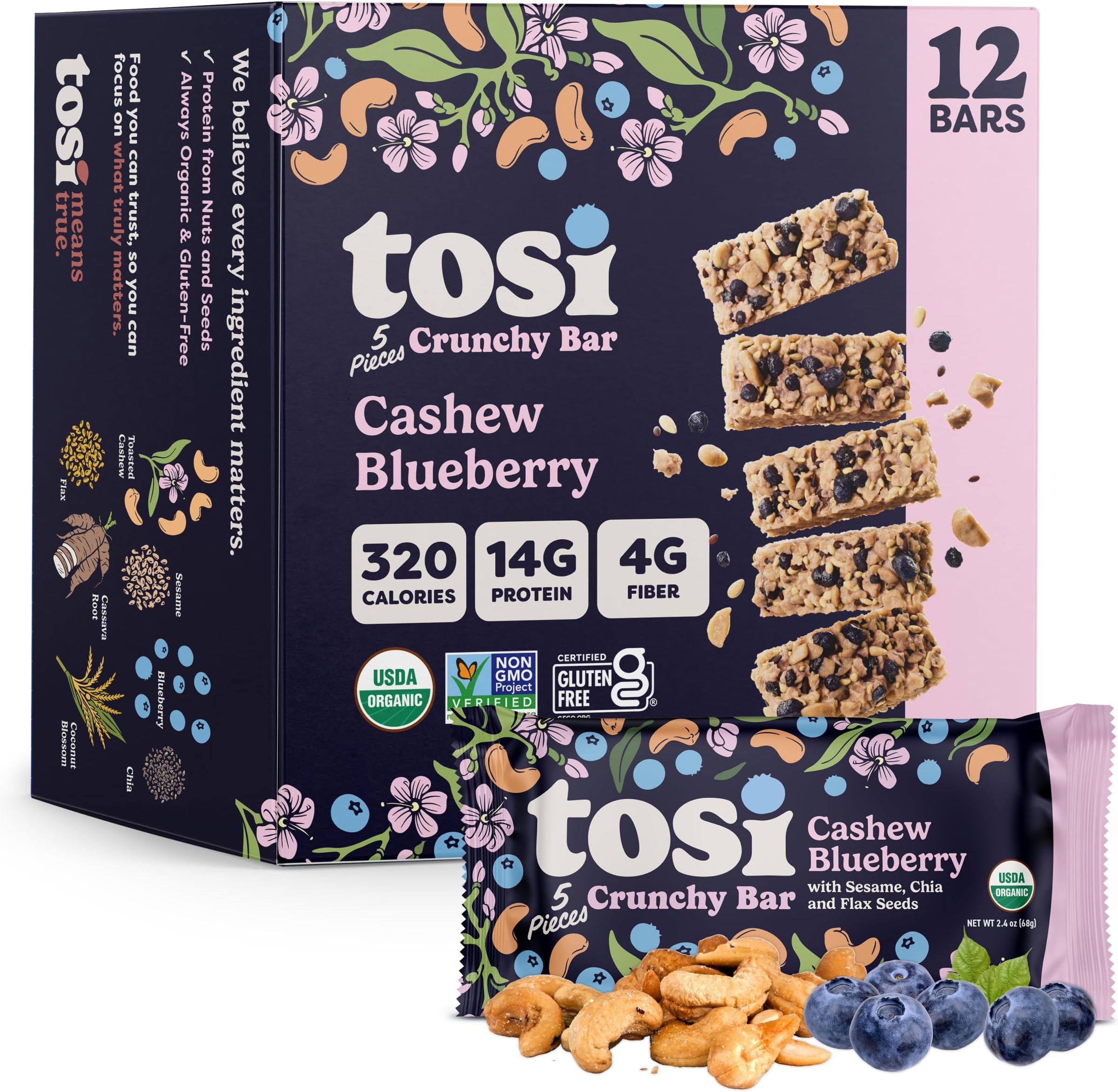 Tosi Meal Nut Bars, Cashew Blueberry, Healthy Snacks for Adults & Kids, Crunchy Plant Based Protein Bar (14G), Keto Snacks, Vegan, Gluten & Soy Free, Low Sugar, Omega 3s, 2.4oz, 12-Pack