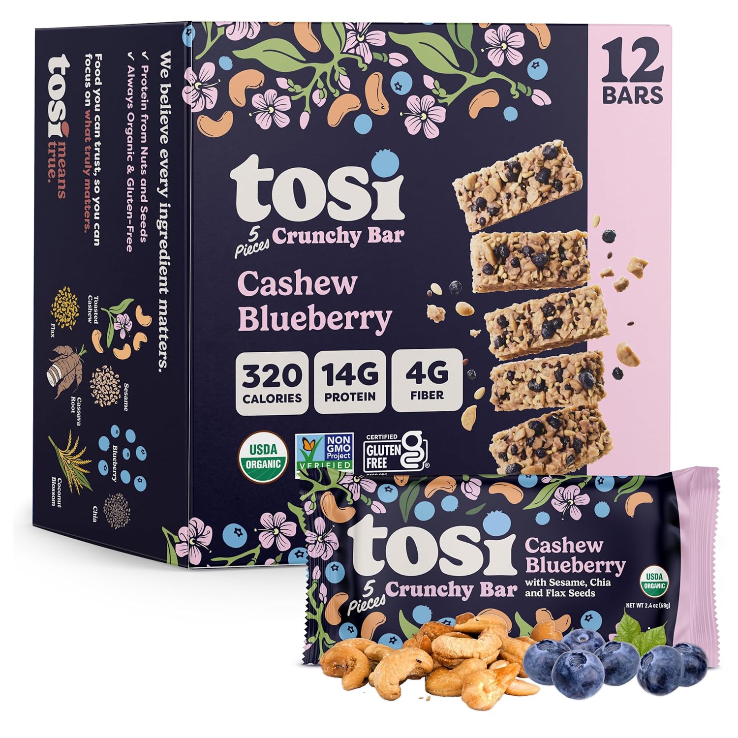 Tosi Meal Nut Bars, Cashew Blueberry, Healthy Snacks for Adults & Kids, Crunchy Plant Based Protein Bar (14G), Keto Snacks, Vegan, Gluten & Soy Free, Low Sugar, Omega 3s, 2.4oz, 12-Pack