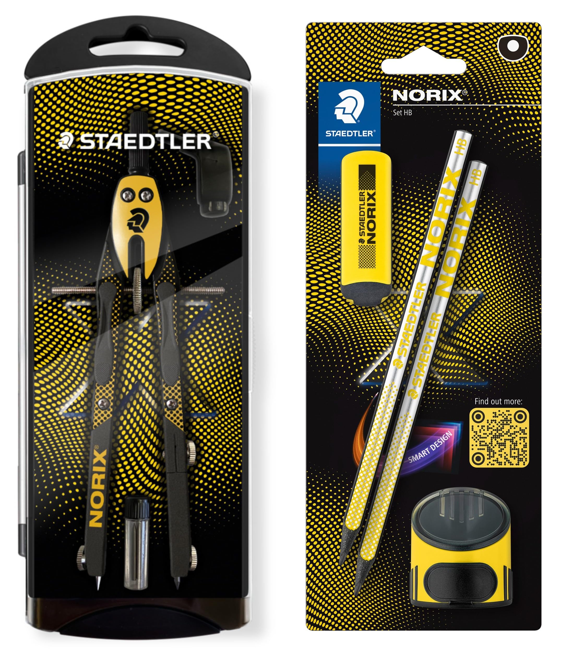 STAEDTLER NORIX Set de compás de ajuste rápido, blíster con 2 lápices HB, goma de borrar y sacapuntas individual, amarillo
