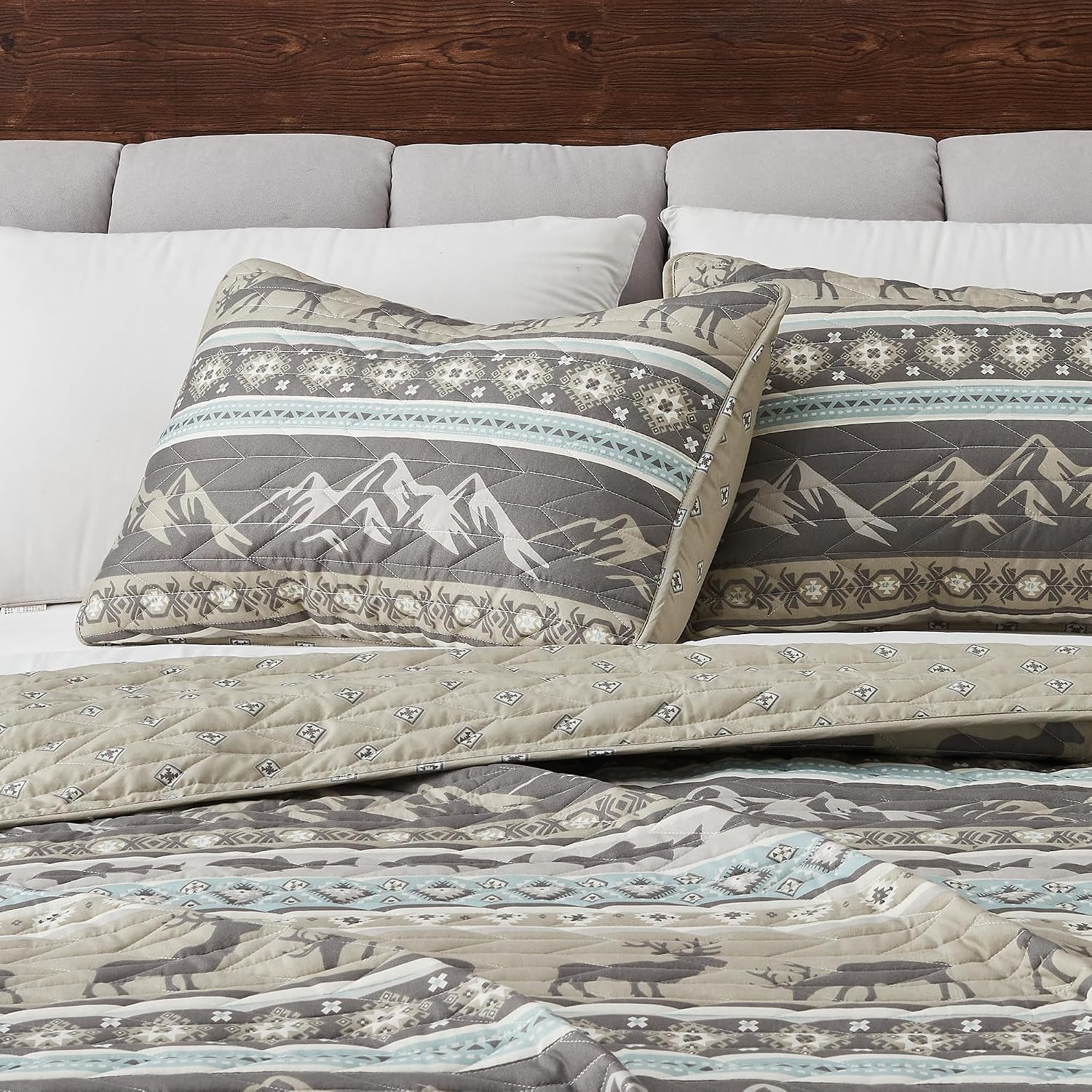 Condition photo showing New/Like New for great bay home 2-piece reversible rustic lodge bedspread quilt with 1 sham. all-season quilt set. (twin/twin xl, yosemite) twin / twin xl rustic lodge stripes