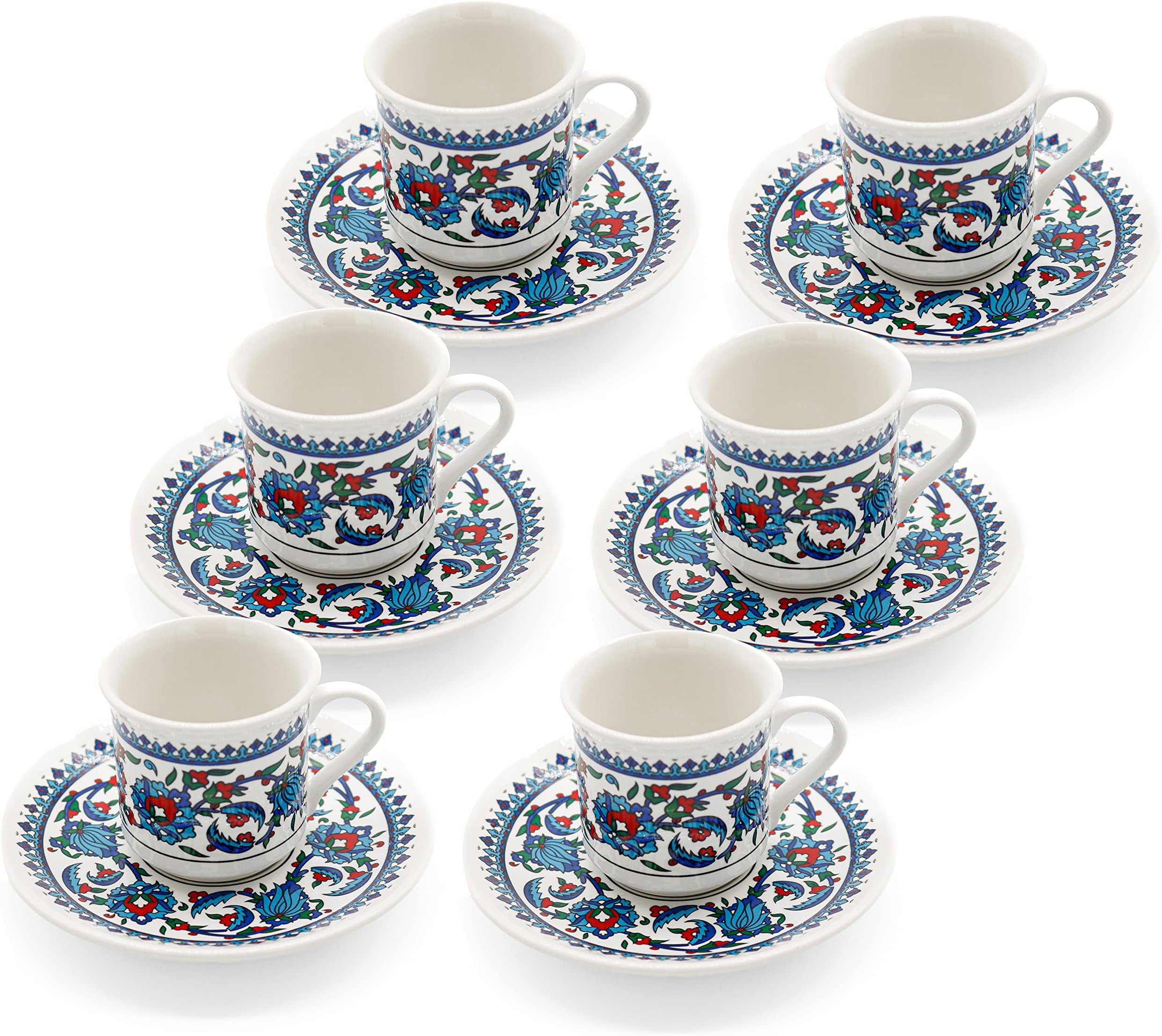 Turkish Coffee Cup Set - Turkish Coffee Cups Set of 6 with Saucers and Cup Holder for Home Office, Ceramic Keeps Coffee Warm, Dishwasher-safe, Create happy times with the patterned coffee mug set.