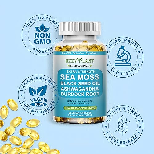 Miniatura 7 de Musgo marino irlandés de alta absorción avanzado con aceite de semilla negra, raíz de bardana de cúrcuma, cúrcuma, superalimento de musgo marino