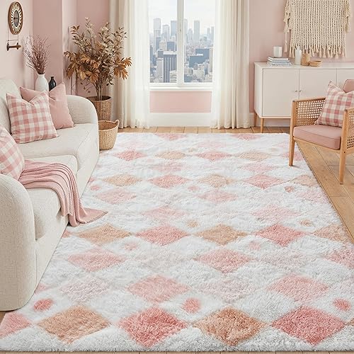 PureCozy Checkered Rug 5x8 Fluffy Shag Living Room Pink Area Rug Modern Washable Carpet Soft Shaggy Non Slip Indoor Plush Fuzzy Rugs for Bedroom Dorm Office Home Aesthetic Decor