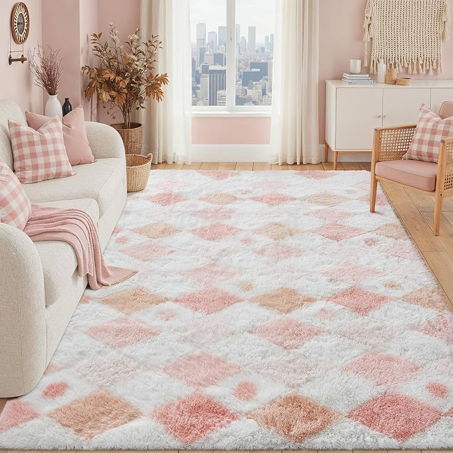 Amazon.com: PureCozy Checkered Rug 5x8 Fluffy Shag Living Room