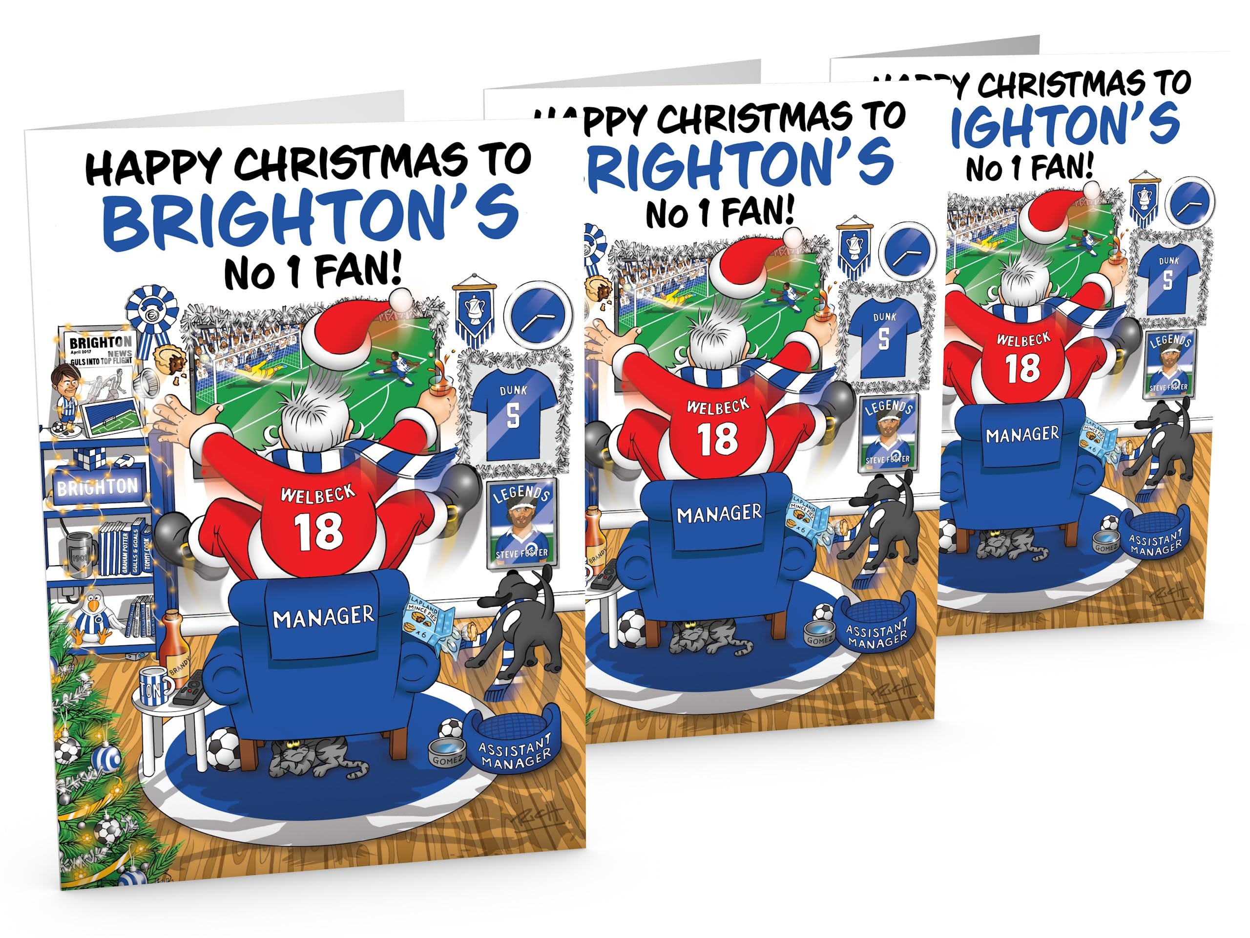 Football Christmas Card for Brighton Fans – Pack of 3 Cards – Santa Jumping Out of Chair to Support Team – Funny Rear of Card Showing Rudolph Supporting Rival Club – Large A5 – Made in UK — image 1
