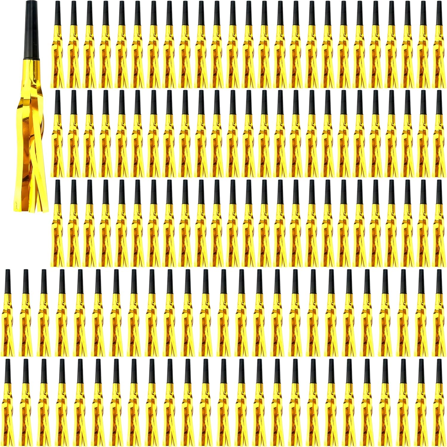120 Pcs Glitter Bomb Noise Maker Gold Metallic Fringed Squawker Blowouts Silver Musical Blower Whistle for Birthday New Years Party Supplies Sporting Events Graduation (Gold)