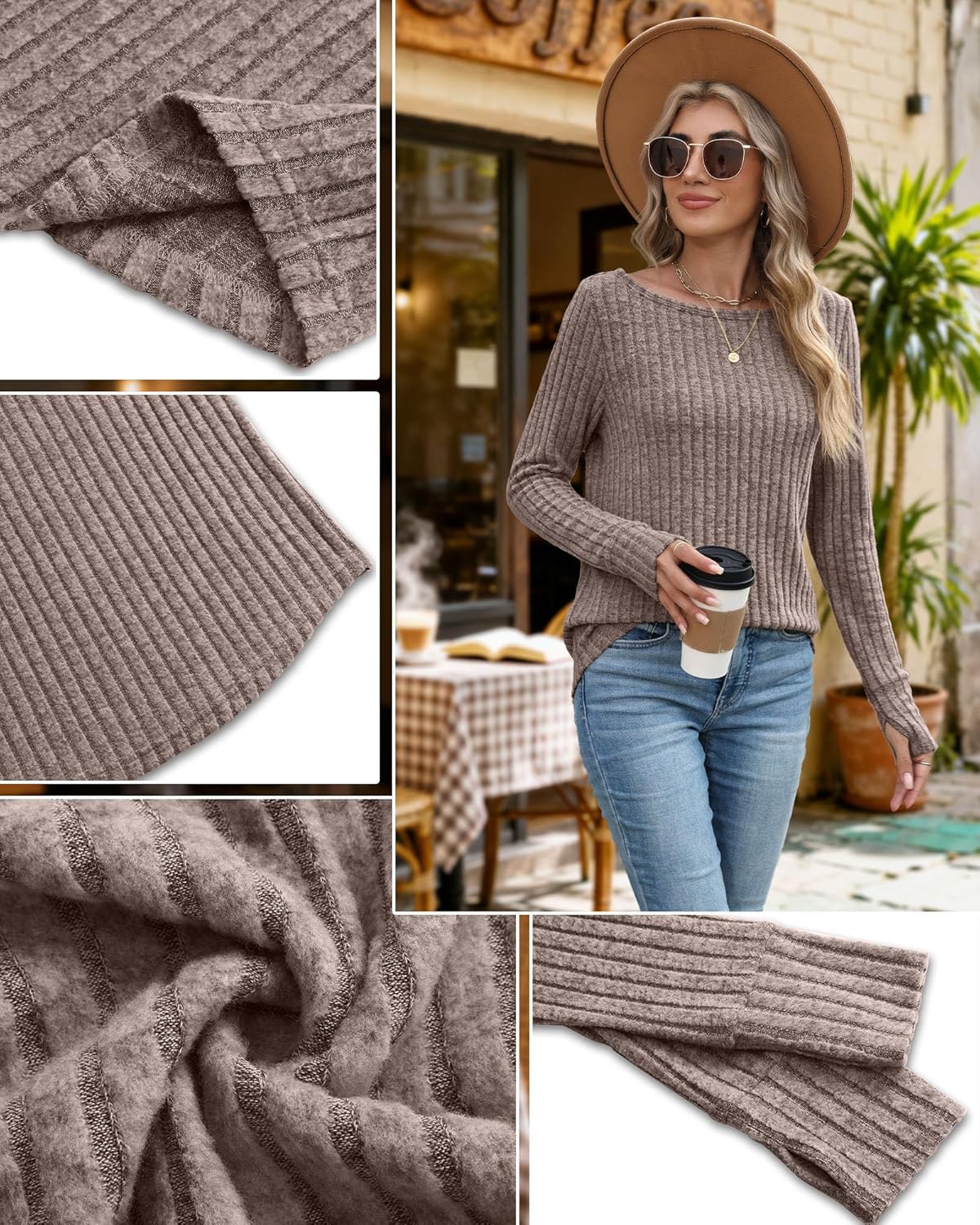 4 Pack Women's Long Sleeve Shirts Boat Neck Ribbed Knit Sweaters with Thumb Holes Loose Fit Casual Tops - Image 2