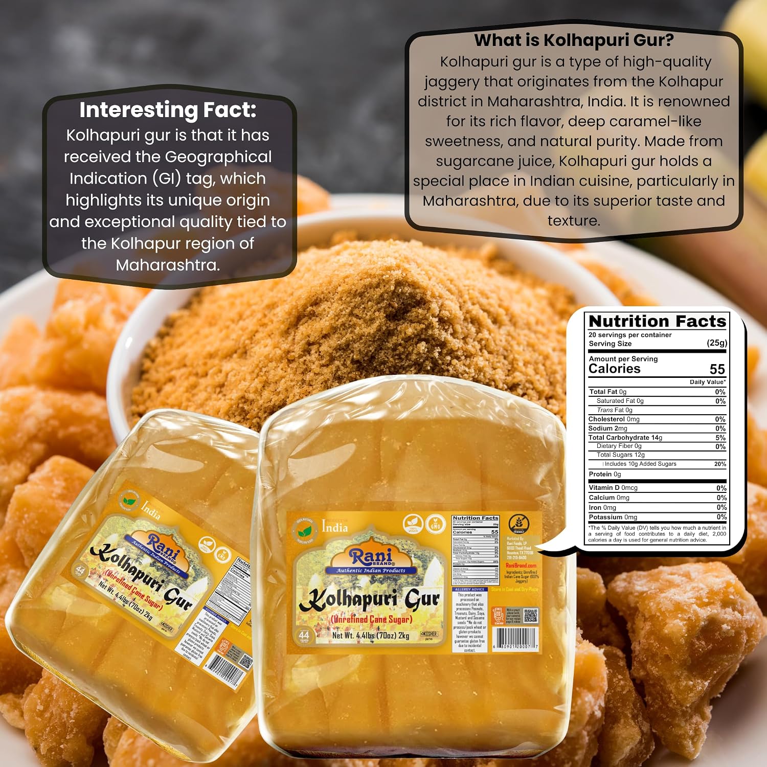 Rani Kolhapuri Gur (Jaggery) 70oz (4.4lbs) 2kg ~ Unrefined Cane Sugar, No Color added, Gluten Friendly | Vegan | NON-GMO | Kosher | No Salt or fillers image 3