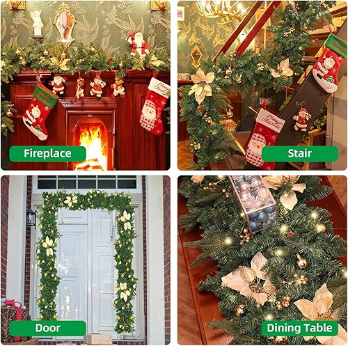 Miniatura 6 de Guirnalda de Navidad de 9 pies, 300 ramas, 60 luces LED, DALLIWOW preiluminadas, guirnaldas de Navidad con luces, bola de flores de pino dorado para