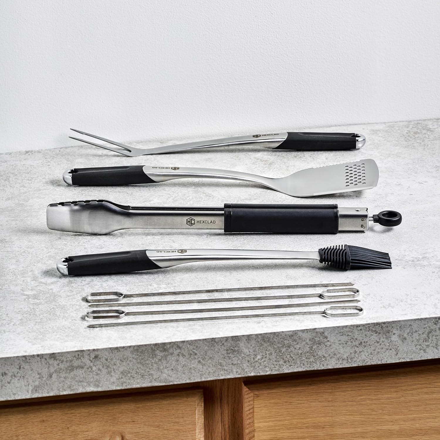 HexClad 8-Piece BBQ Grill Tool Set with 18" Grill Spatula, 18" Locking Tongs, 17" Silicone Basting Brush, 18" Grill Fork, and Four 15" Flat Skewers, Heat-Resistant, Soft-Grip, Non-Slip Handles