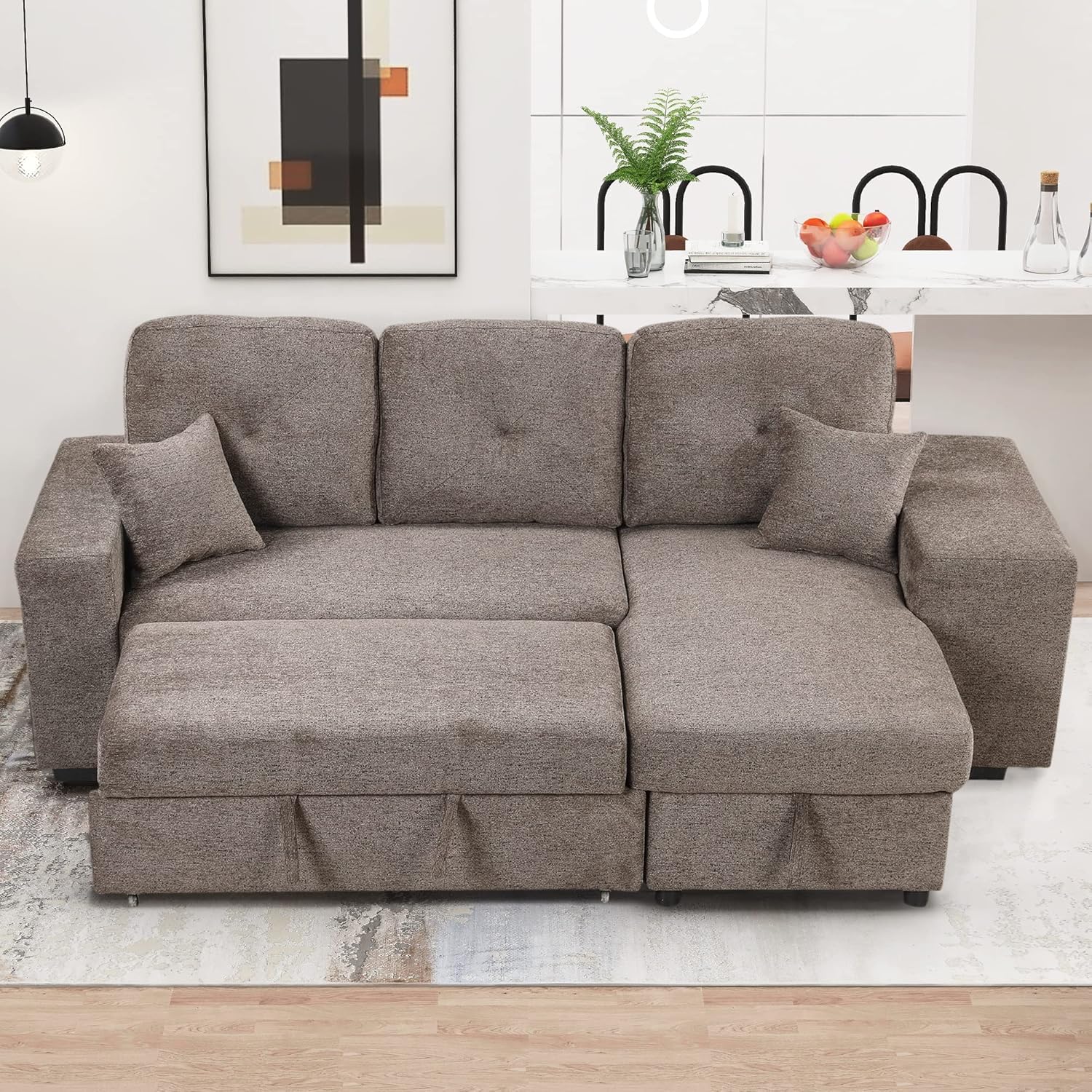 kevinplus 95'' Velvet Sectional Sleeper Sofa Couch with Storage Chaise Lounge & Stools for Living Room, Modern L-Shape Tufted 3-Seat Pull-Out Sofa Bed for Apartment, Knox Charcoal
