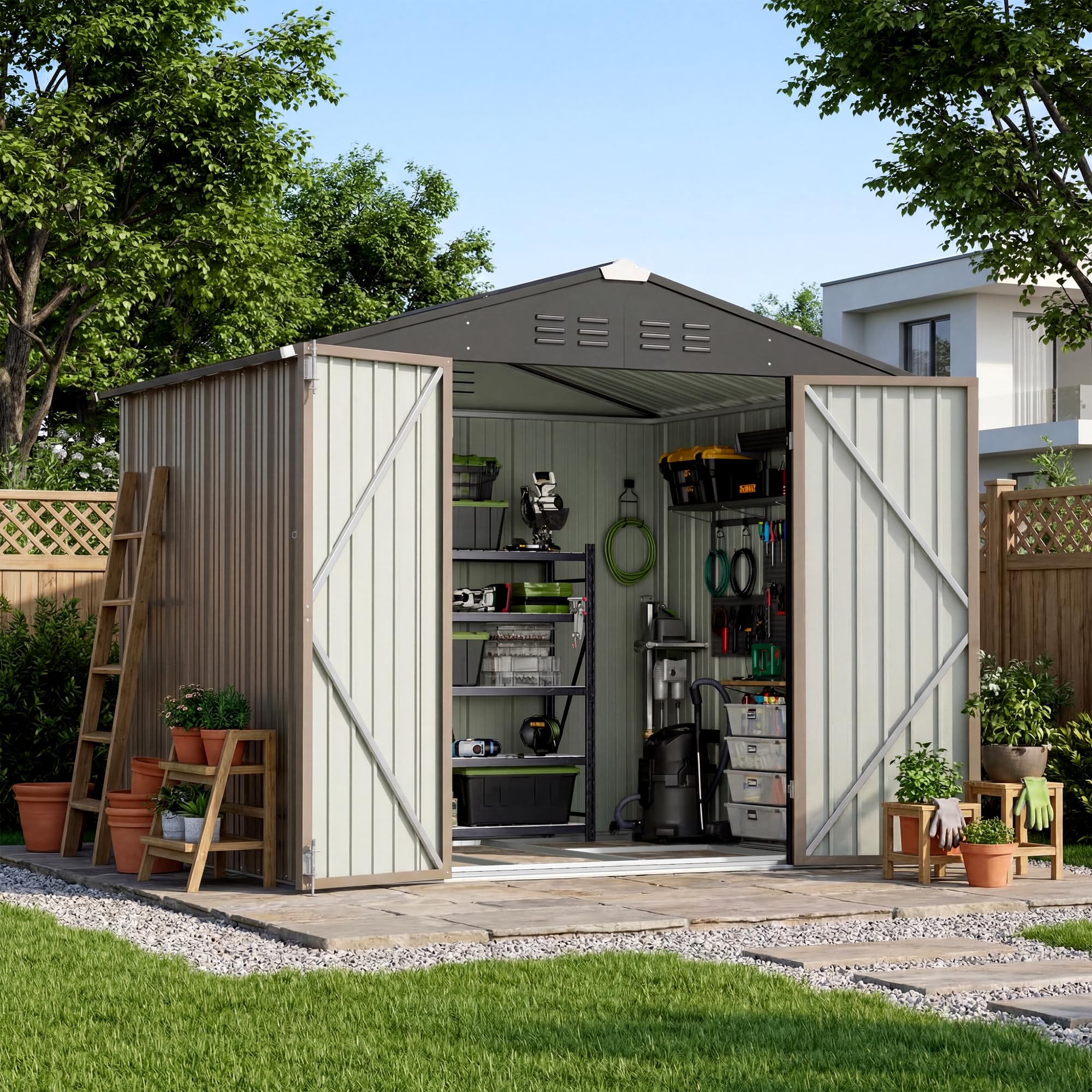 Devoko 8x6 FT Outdoor Storage Shed with Floor Frame, Brown