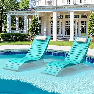Pool Lounge Chairs Set of 2 - Anti-Floating HDPS Design for Pools & Backyard Sun Decks, Weighted Pool Chairs and Lounges for Poolside or Outside, Includes Headrest, Aruba Blue