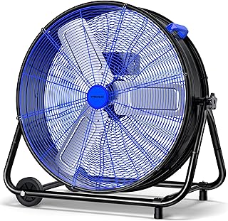VAGKRI 24 Inch Industrial Drum Fan, 320W High Velocity Floor Fan, 3 Speed Heavy Duty Metal Air Circulator, 360° Tilt with Casters Handle ETL Standard for Patios, Warehouse, Commercial,Basement (Blue)