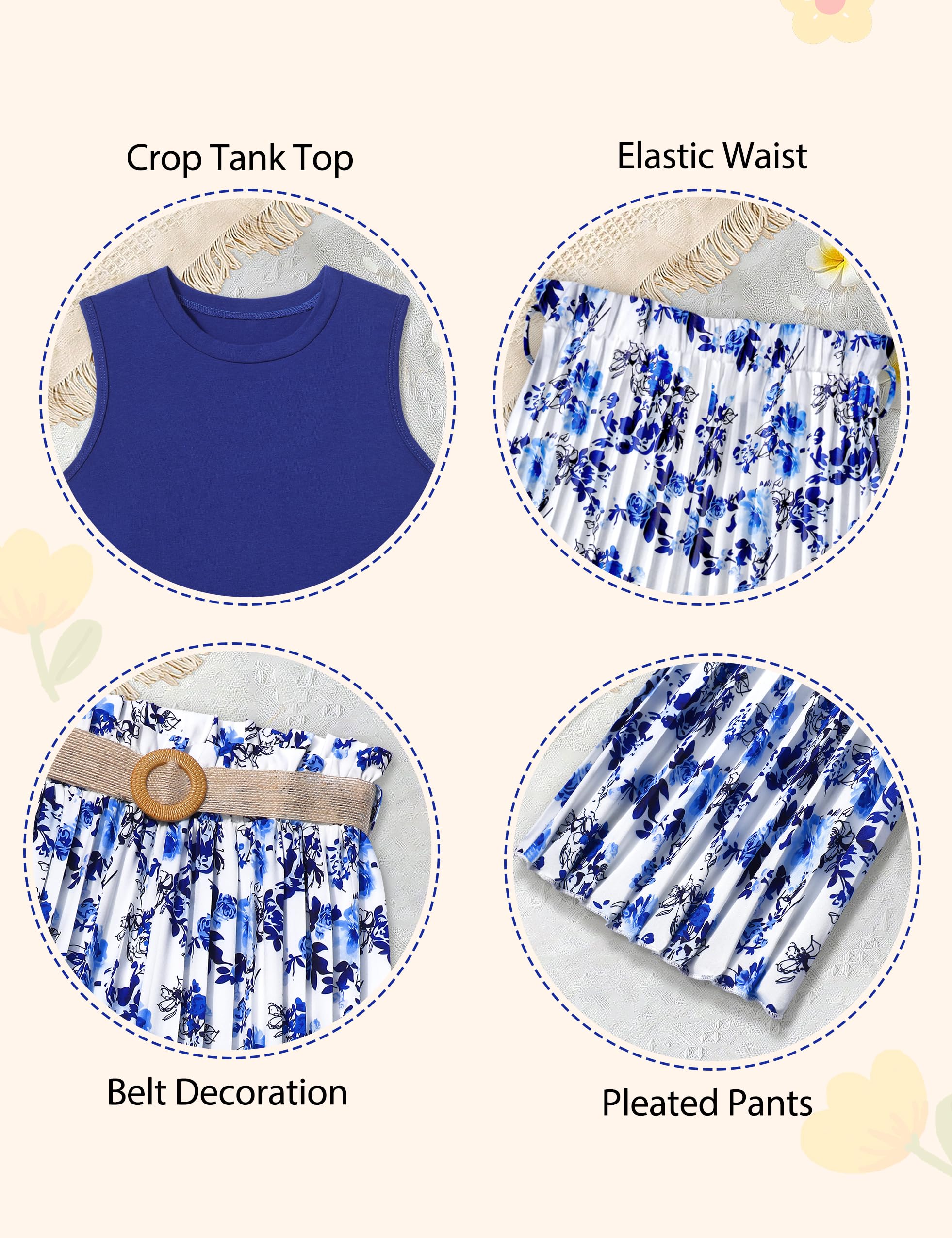 BAVADER Ropa para niñas de 6 a 16 años, camiseta corta sin mangas + pantalones plisados de pierna ancha para niñas, trajes de verano de 2 piezas