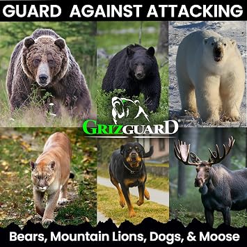 Griz Guard Bear Spray with Holster -Maximum Strength 7.9 oz, 40-Foot Range, EPA-Registered Bear Deterrent Repels Bears, Mountain Lions, Coyotes & Moose, Glow Safety Clip, Hiking & Camping Protection