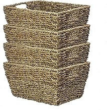 Seagrass Storage Baskets – Set of 4 Hand-Woven Hampers with Handles | Natural Nesting Baskets for Bathroom Shelves, Bedroom & Home Office | M&W