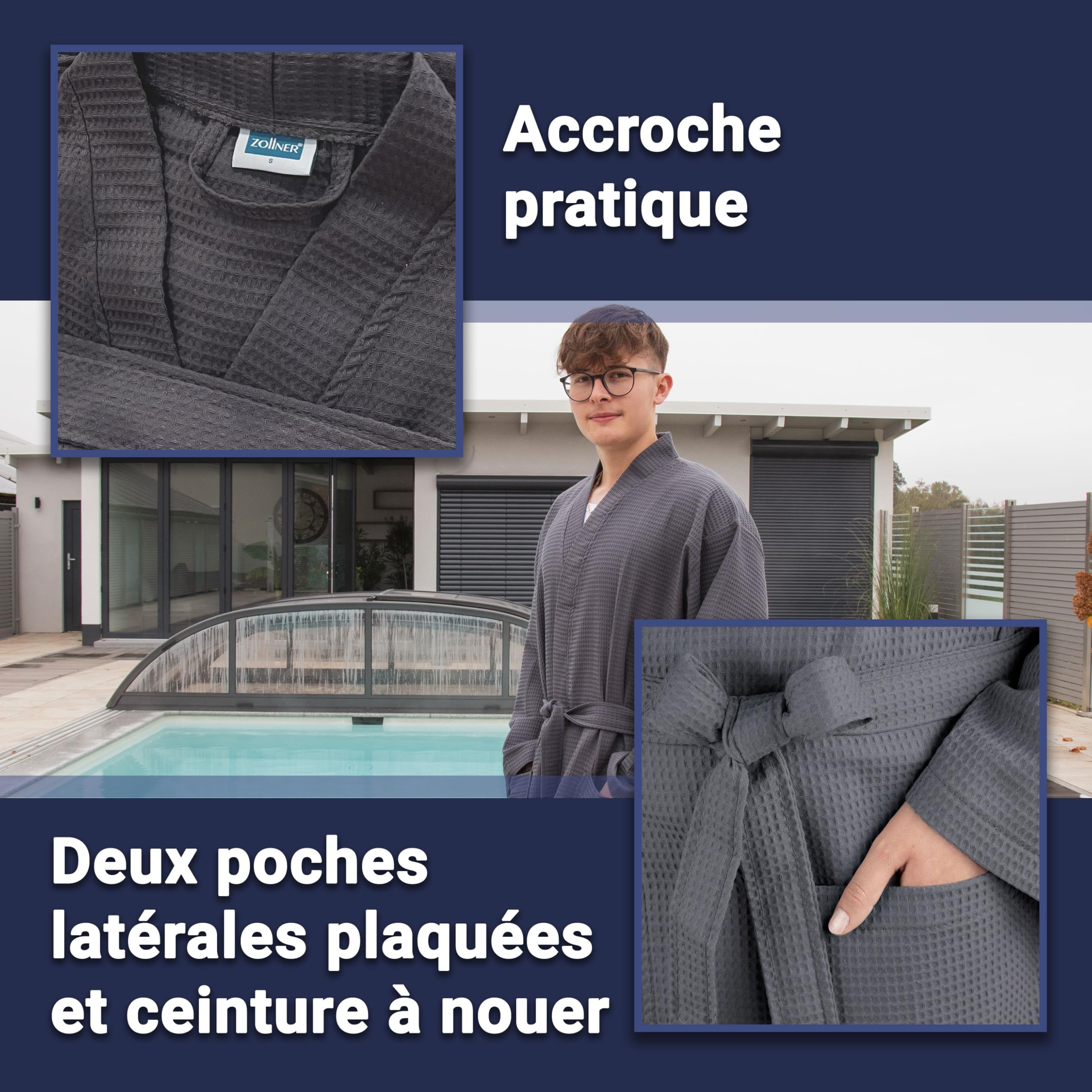 ZOLLNER Peignoir de bain - piqué gaufré doux et agréable pour la peau - unisexe - coton - Taille S-XXL - lavable à 60°C - qualité hôtelière - certifié Oeko Tex®, 266