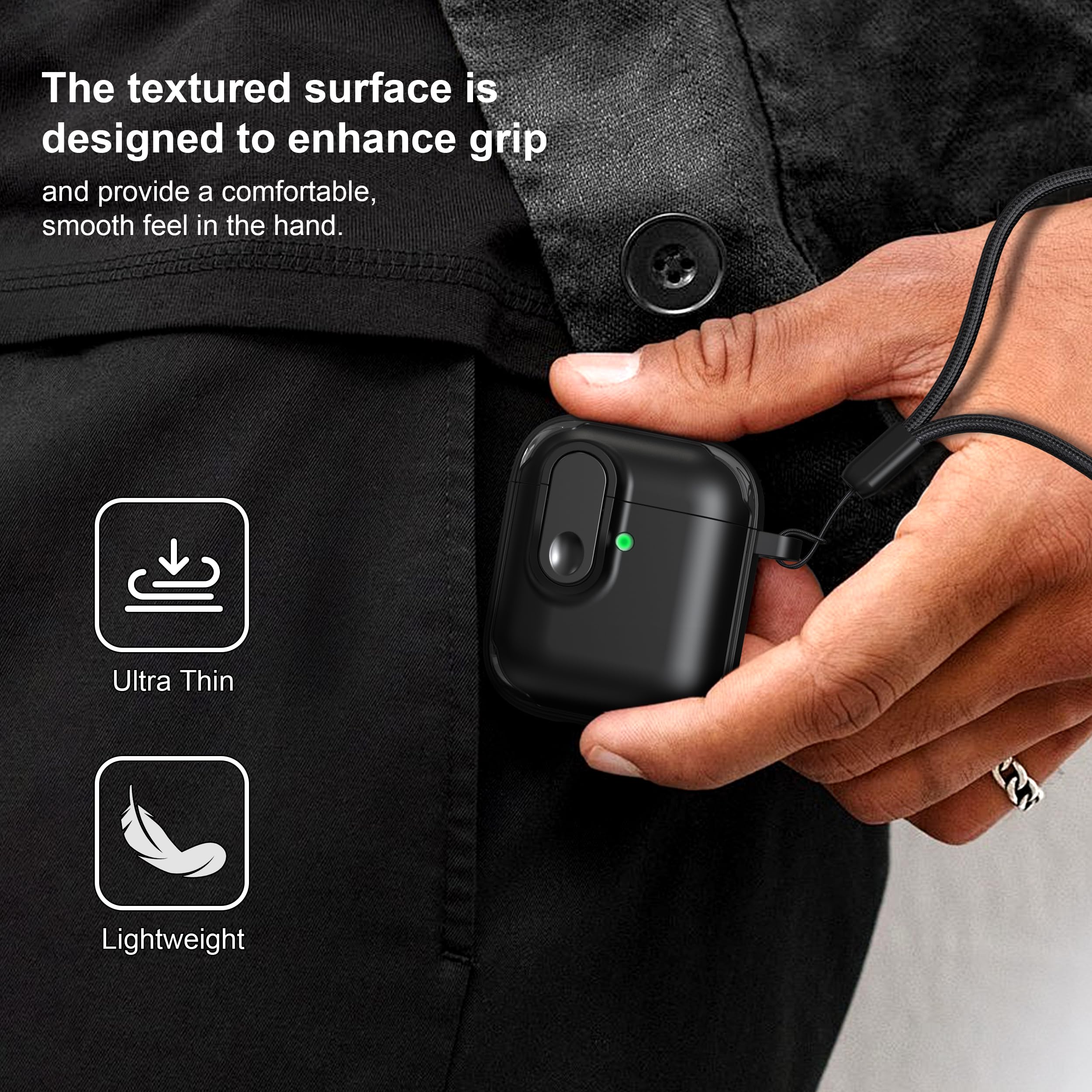 RFUNGUANGO Compatible with AirPods Case with Cleaning kit, Anti-Fall Lock Design, Powerful Drop Protection, TPU Skin-friendly Texture Compatible with AirPods 2nd 1st Generation Charging Case,Black — view 6