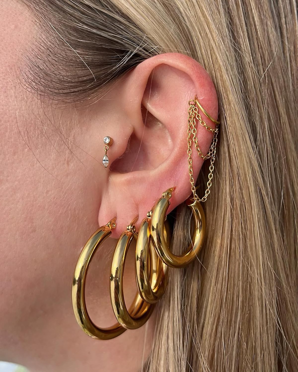 18k Gold Plated Stainless Steel 4mm Thick Hoop Earrings, Sold as a Pair - Image 2