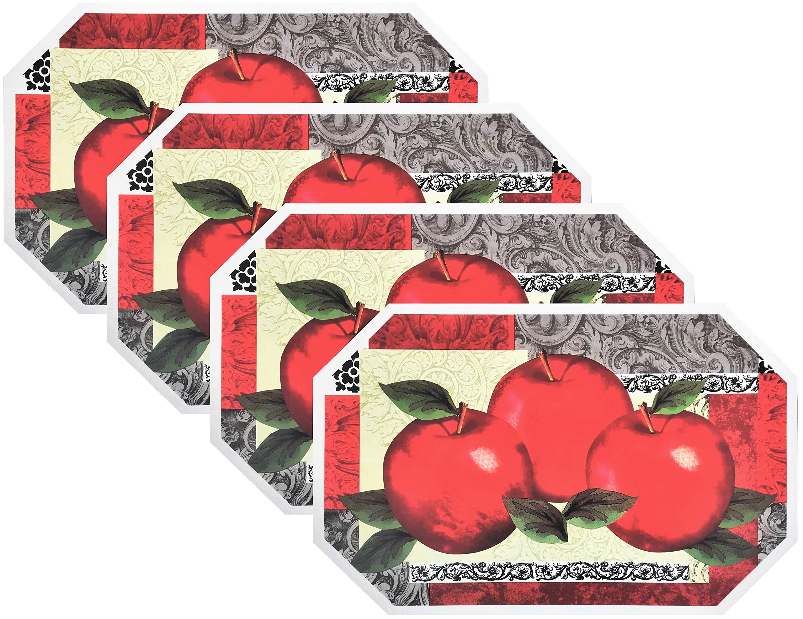 Pack of 4 Durable Design Placemat Set Deluxe Vinyl Latest Decoration Patterns Non-Slip Foam Ease Wipes Clean (Apples)