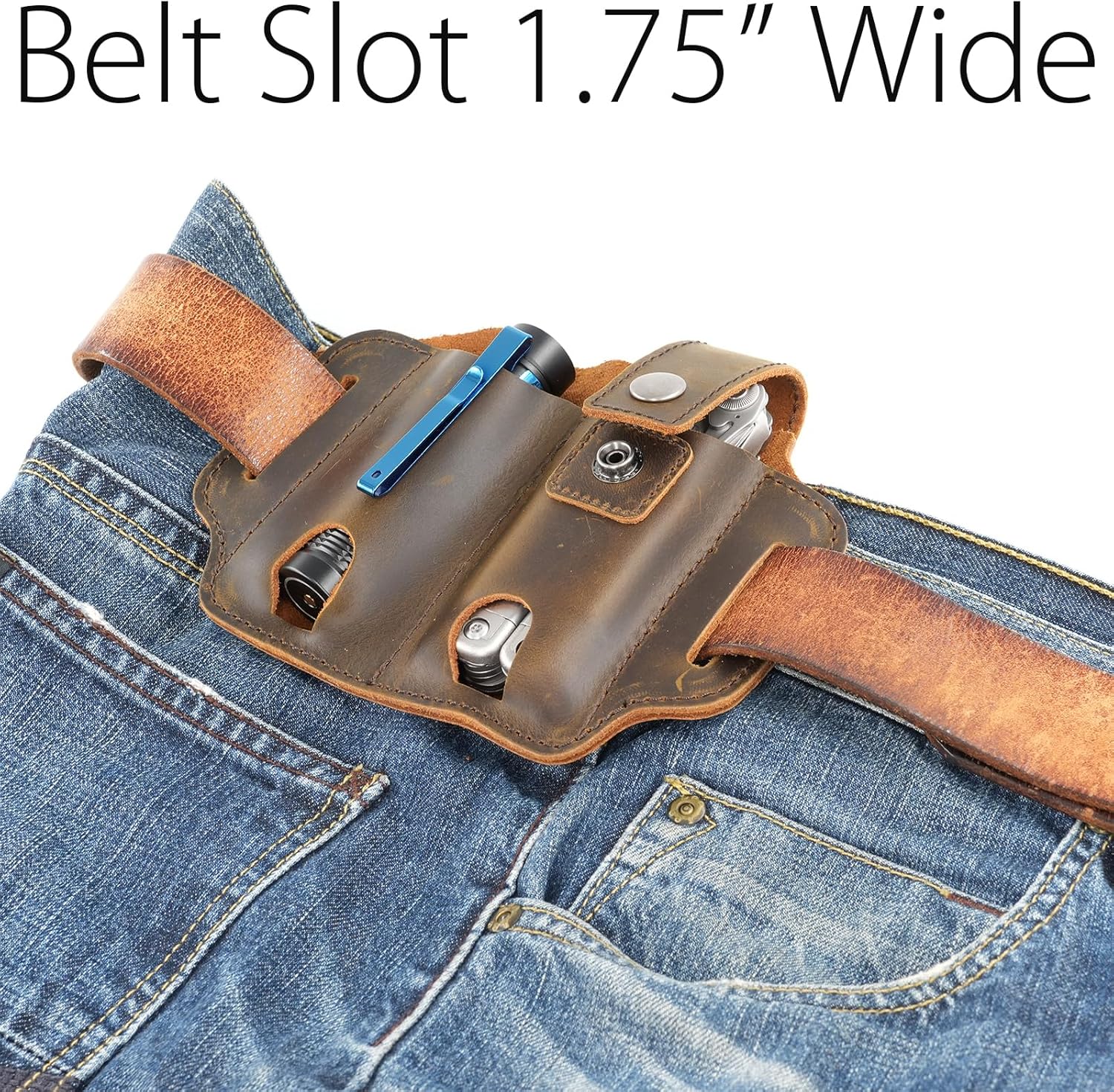 XXL EDC Leather Sheath for Leatherman Multitools, Belt Sheath Pocket Organizer for 5 inch Knives Tactical Flashlights Tools, Chestnut