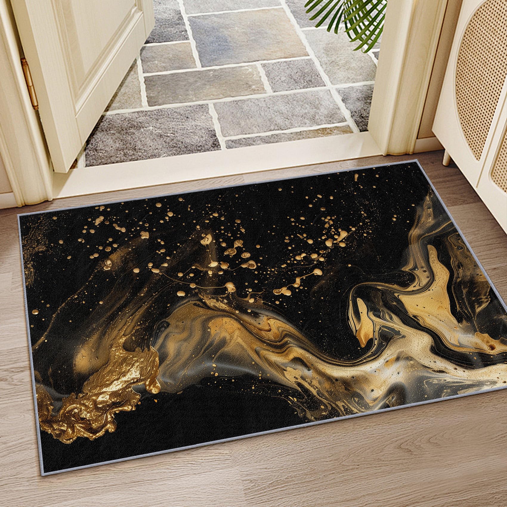 Marmor Teppich 200x200 cm, Abstrakt Luxus Kunst Waschbarer Teppiche Wohnzimmer, Schwarz Gold rutschfest Antirutsch Groß Teppiche Für Esszimmer, Quadratisch, Schwarz Gold