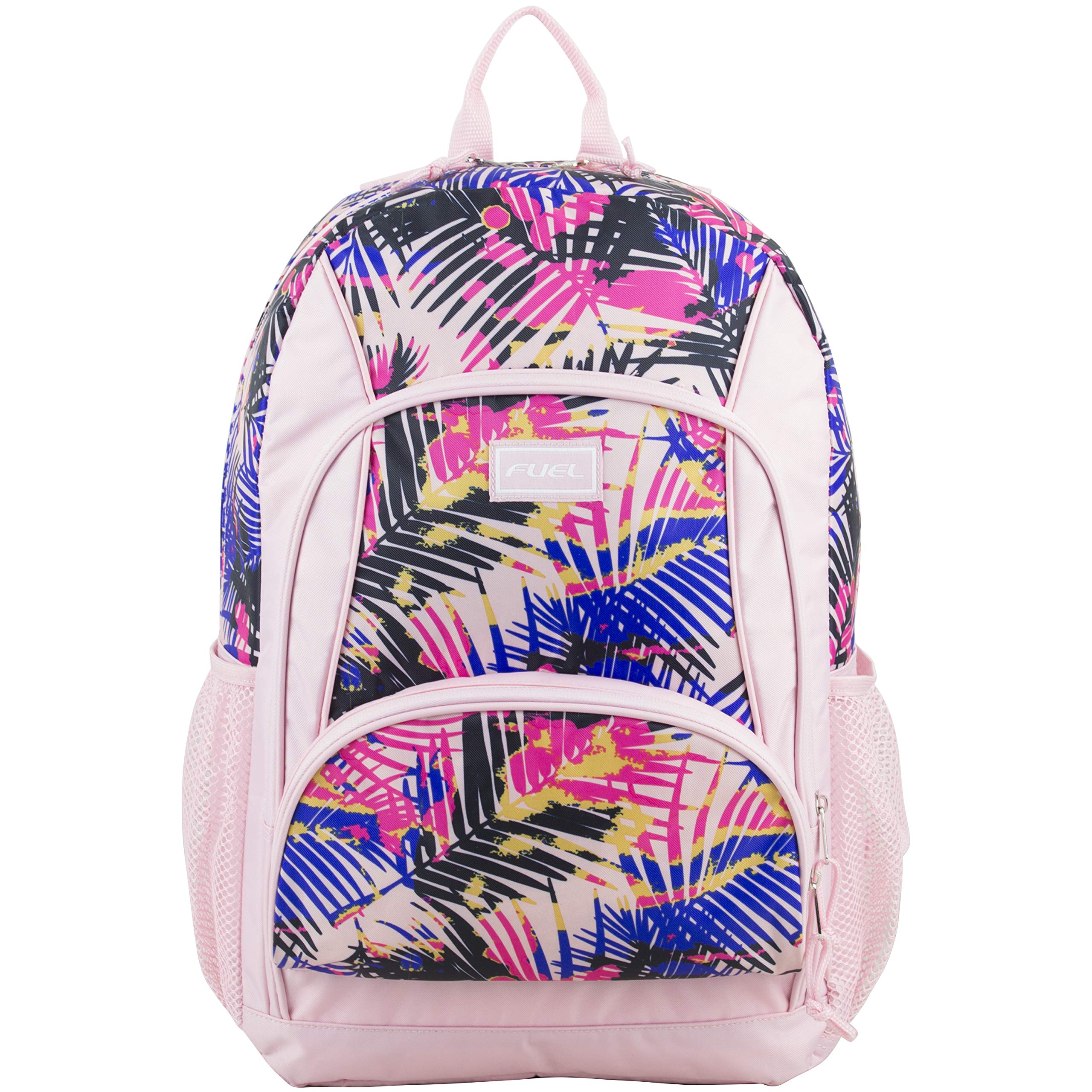 FUEL Multi Pocket Backpack with Fun Prints, Casual Daypack, Multipurpose Bag - Rose Sand/Tropical Palm Print