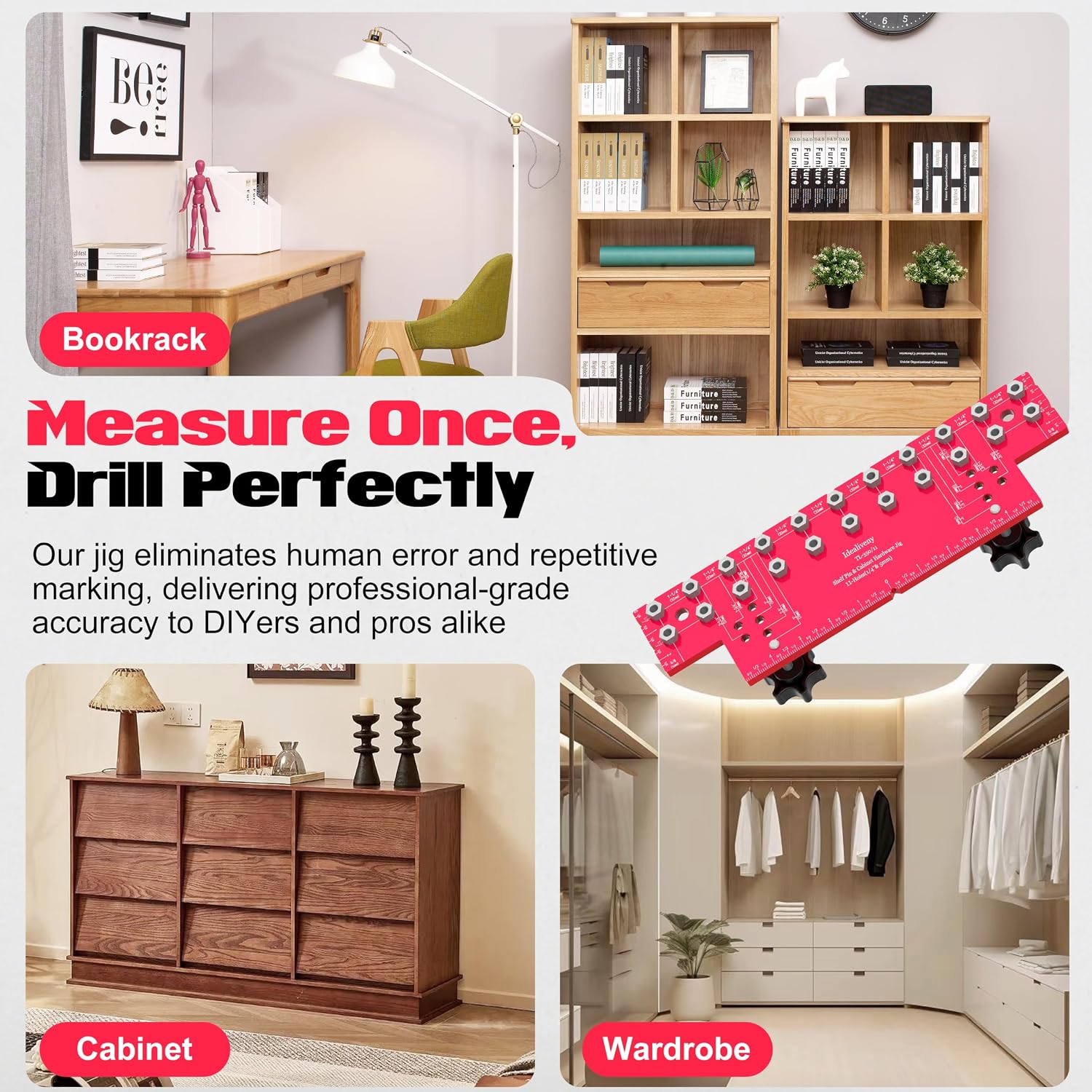 11-Hole Shelf Pin Jig, Dual-Diameter Compatible (1/4" & 5mm), Precision Positioning Drilling Guide, For Cabinet Shelf Installation