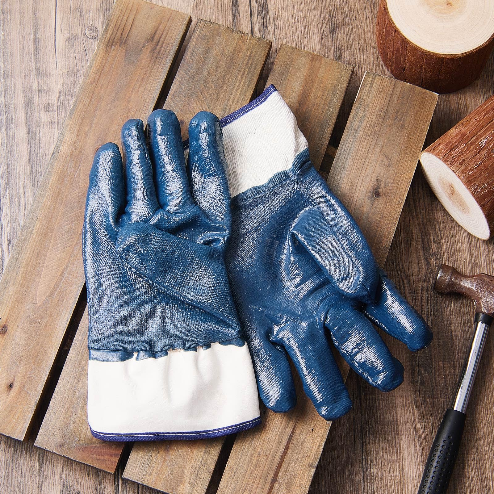 Teenyyou 10 pares de guantes de trabajo de nitrilo pesados totalmente recubiertos, talla única, guantes para hombre, guantes de transporte de aceite, guantes azules resistentes a los productos