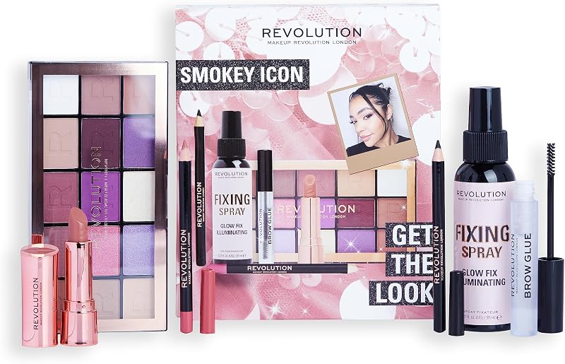 Get The Look Gift Set Smokey Icon, Eye Palette, Eyeliner, Lipstick, Brow Glue & Setting Spray Included, Various Shades