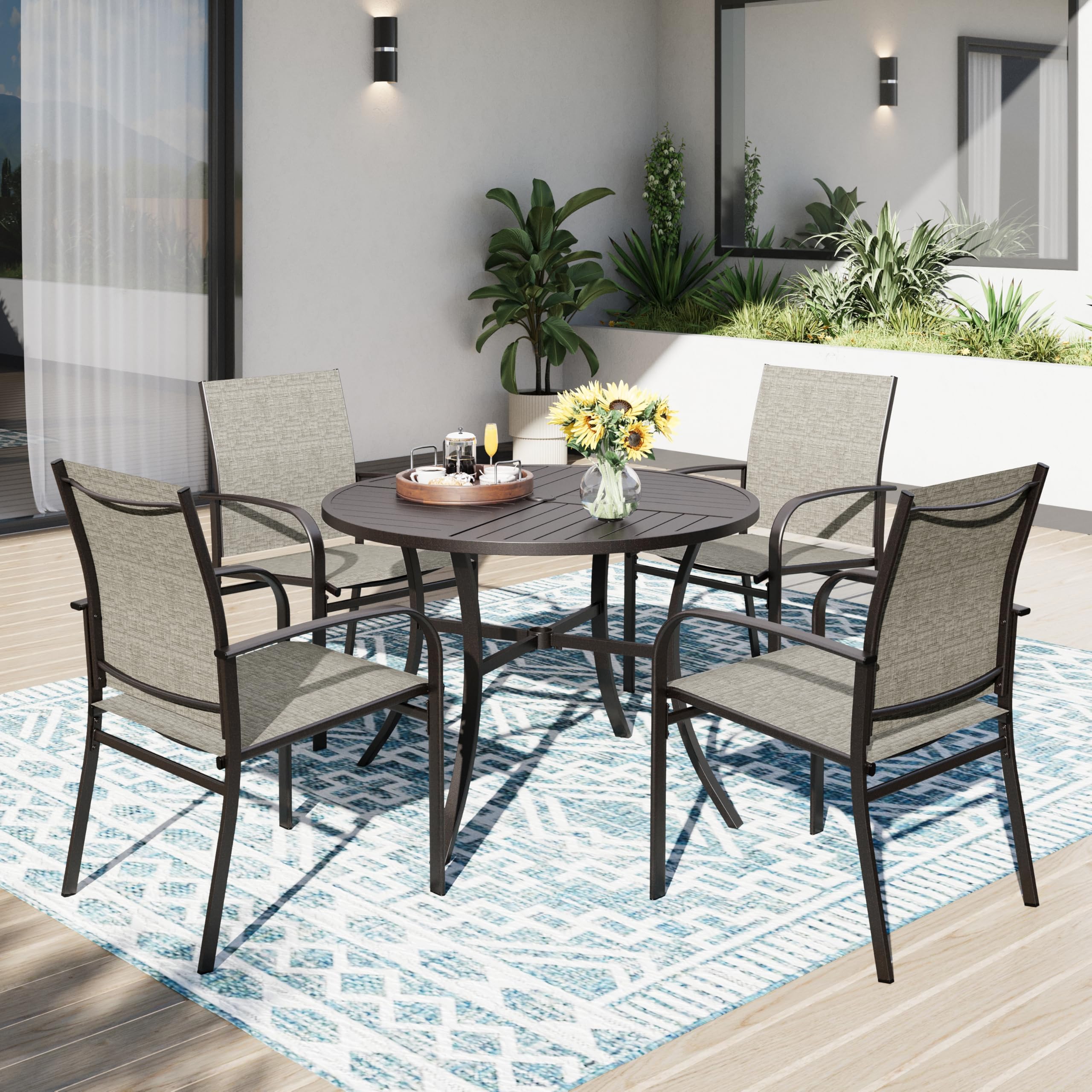 PHI VILLA 5-teiliges Gartenmöbel Set Wetterfest Runder Gartentisch und 4 Braune Textilene Stühle Terrassenmöbel Sitzgruppe Outdoor für Balkon,Deck,Hof