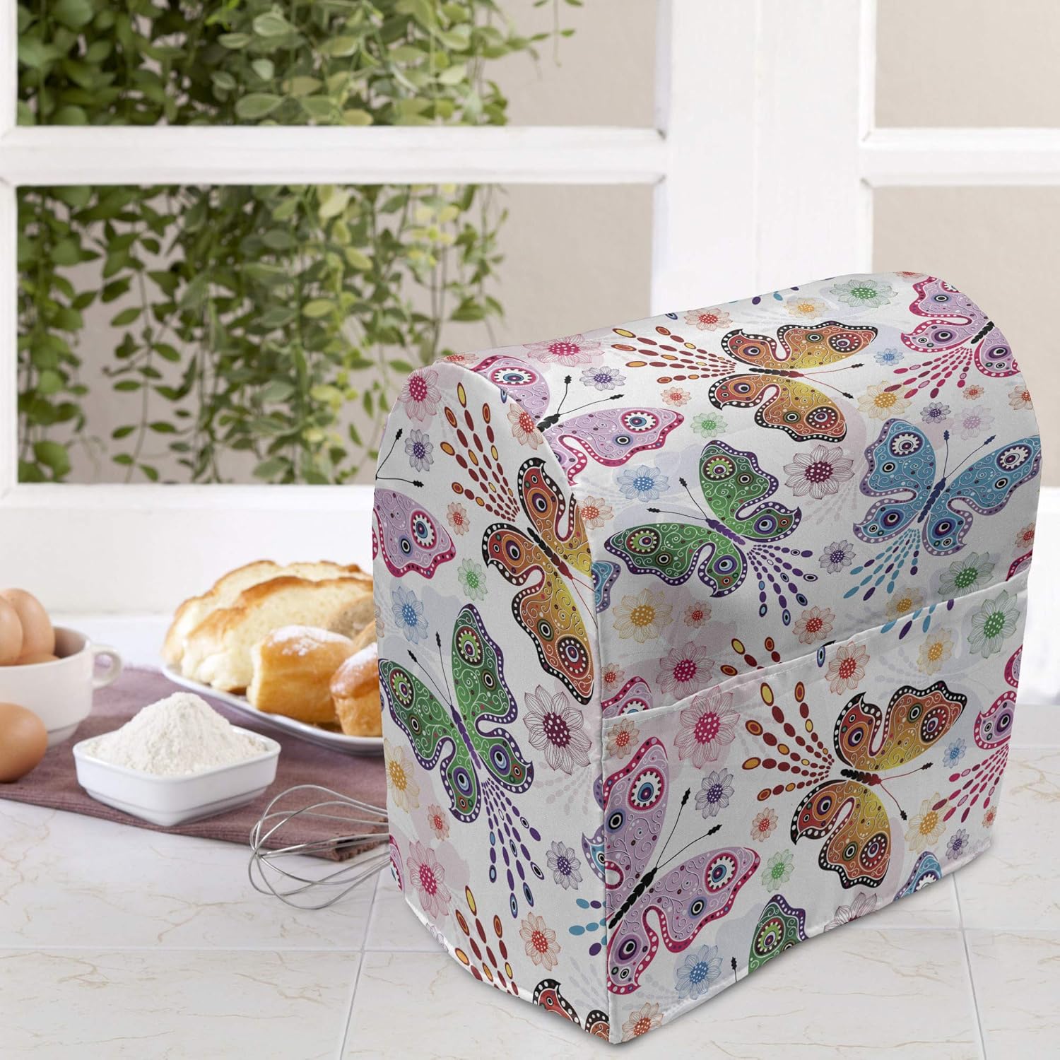 Ambesonne Butterfly Stand Mixer Cover, Floral Arrangement with Vibrant Colored Butterflies with Design Elements, Kitchen Appliance Organizer Bag Cover with a Pocket, 6-8 Quarts, Multicolor