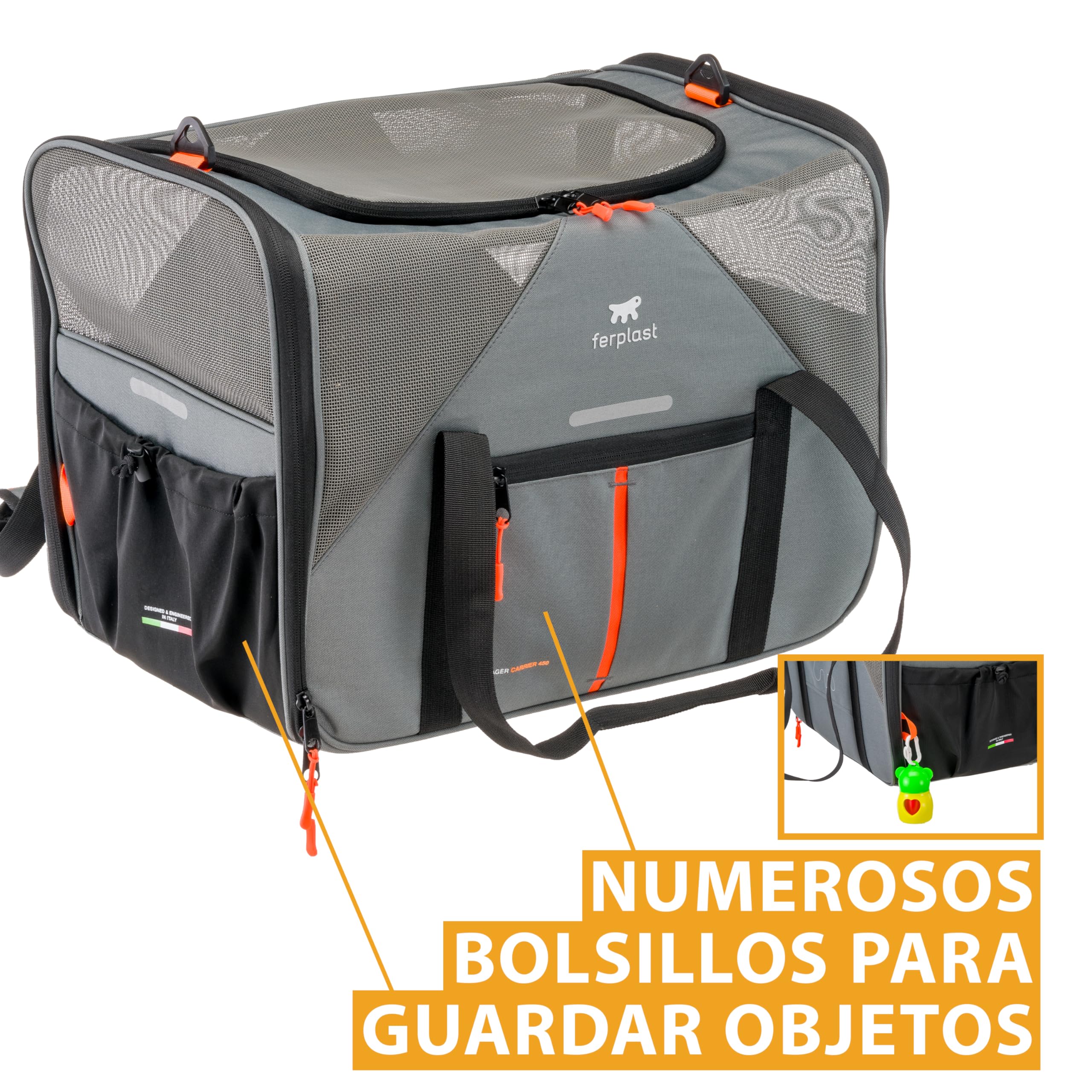 Ferplast Transportín Gato Voyager Carrier, Transportín Perro, Mochila para Gatos, Asas y Bandolera Regulables, Correa de Seguridad, Doble Apertura Lateral, con Cojín, Máx. 15 kg, 45x30x h33 cm, Gris