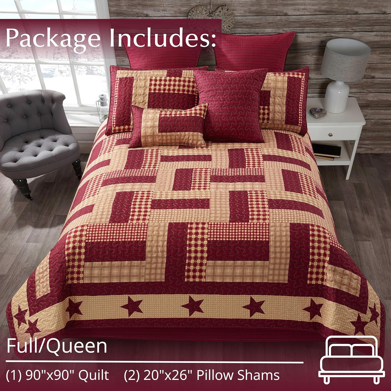 Virah Bella 3 Piece Full/Queen Lodge Quilt Bedding Set - Rustic Country Reversible Comforter Set with Decorative Pillow Shams - Homestead Red