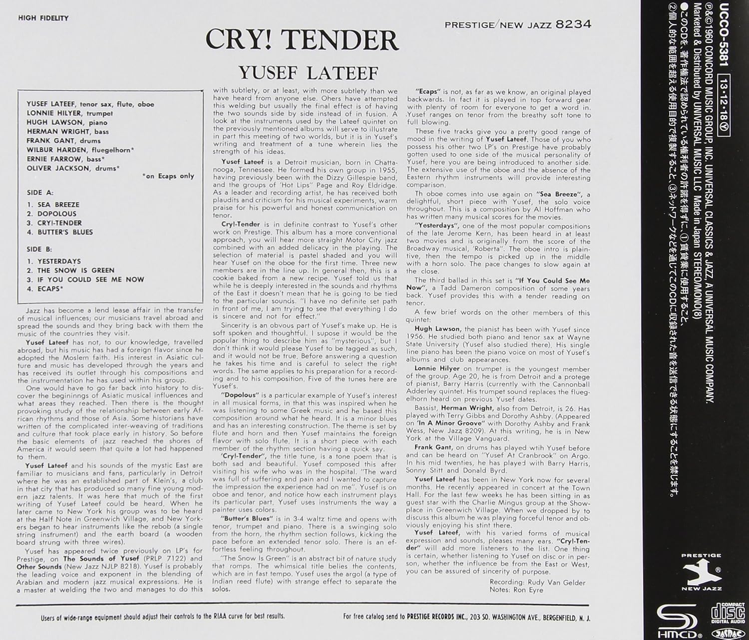 YUSEF LATEEF - Cry! Tender - Disque CD