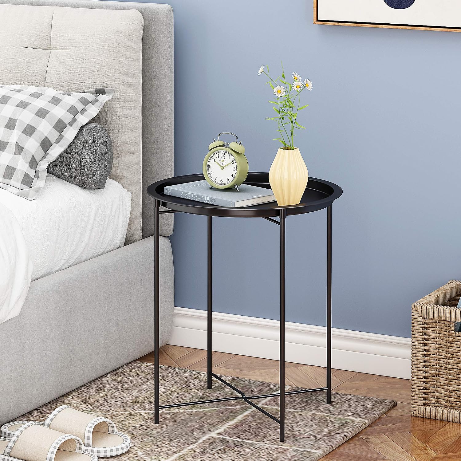 HOMEFORT Round End Table, Metal Tray Table,17.7 Inch Bedside Table, Indoor Modern Sofa Side Table, Outdoor Snack Table, Metal Tabletop with Sturdy Metal Frame (Black)