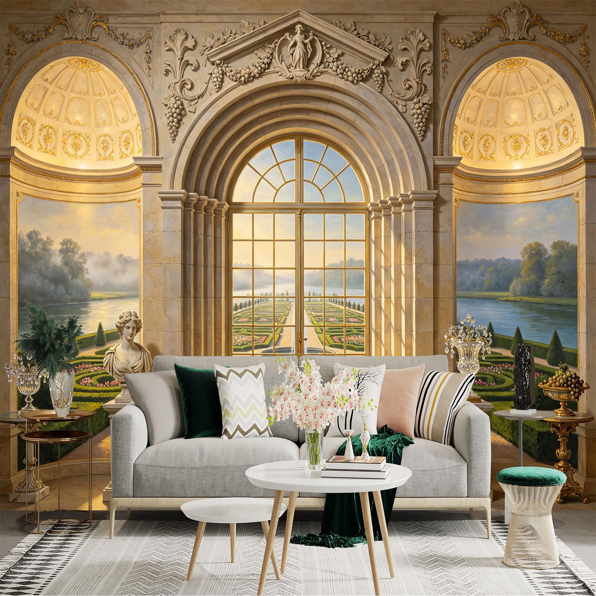 Custom Size Wall Sticker Mural， Classical Palace Archway， Scenic Garden and Lake View， Elegant Interior Art， for wall Decoration， peelandstick wall Decals.