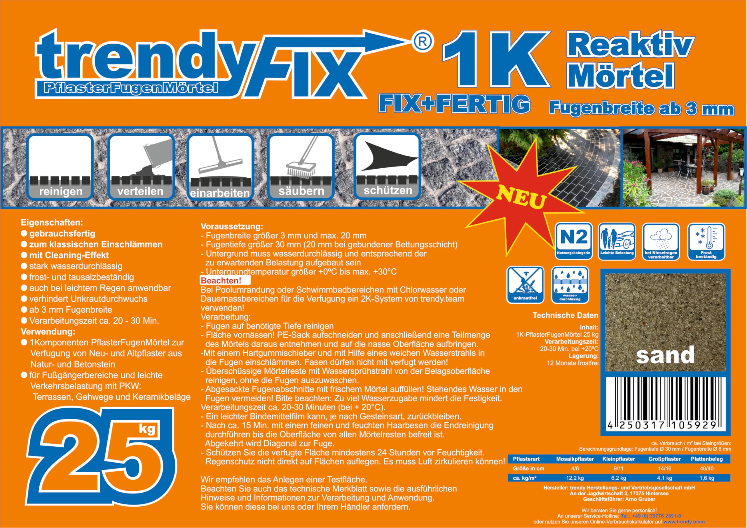 1K trendyFIX - Malta per fughe senza erbacce – 25 kg (sabbia) 1K trendyFIX pronto all'uso FIX+Fatto | Malta reattiva
