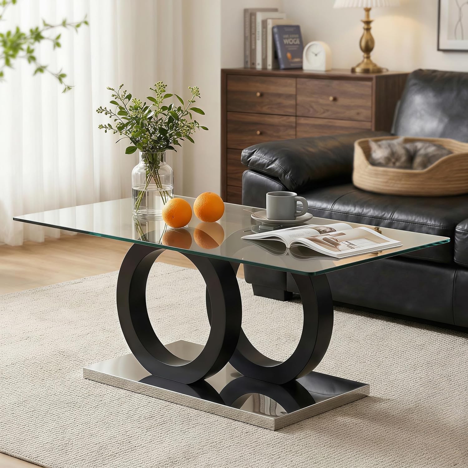 Glass Coffee Table for Living Room, Modern Rectangular Center Table, 47” Living Room Table with Clear Tempered Glass Top with Black MDF OO Legs and Silver Metal Base (Wood Color, 47.2 inches)