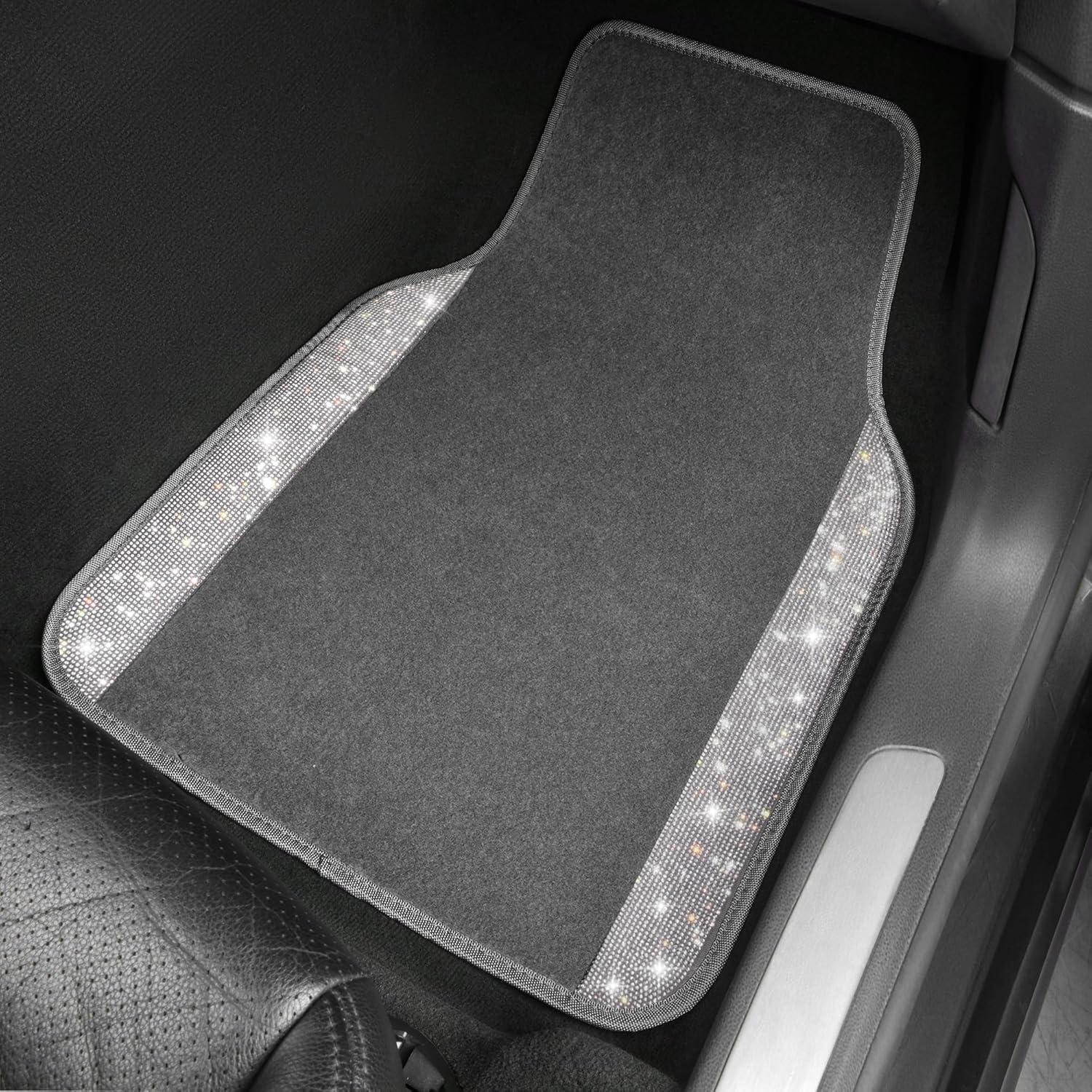 CAR PASS Bling Diamond Car Mats Shining Carpet Crystal Rhinestones Sparkly Glitter Floor Mats with Anti-Slip PVC Heel Pad Universal Fit for Automotive SUV, Sedan, Car, Van, 4pcs for Girl Women, Gray - Image 7