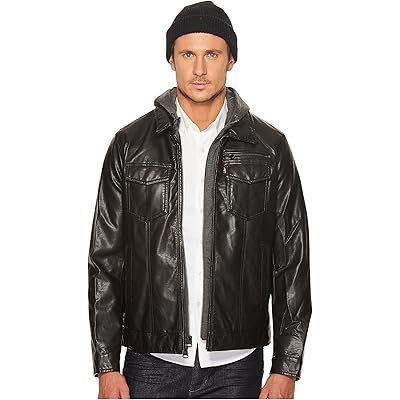 Levis Faux Leather Trucker with Jersey Hood and Fleece Lining black