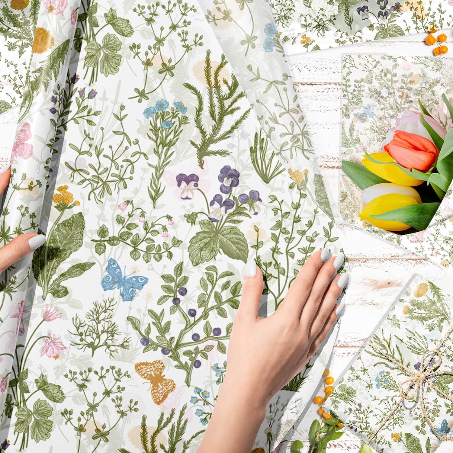 50 Sheets Vintage Wildflower Tissue Paper - 20x28 Inch Wild Floral Art Tissue Spring Wrapping Paper with Delicate Wildflower & Butterfly Patterns | for Birthday Gift Wrapping, DIY Crafts, Gift Packing