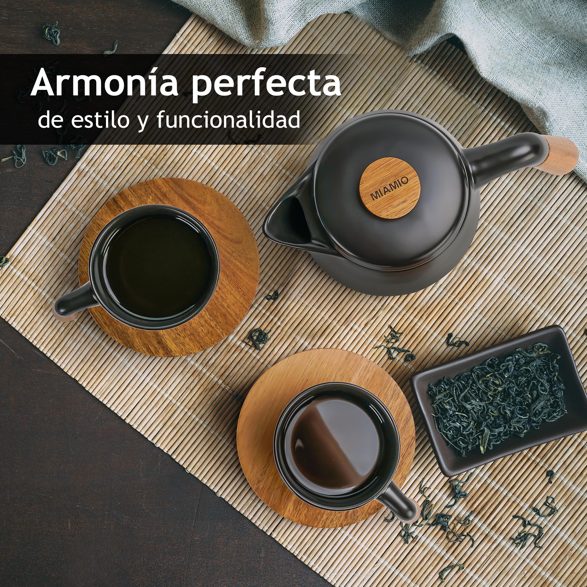MIAMIO – Juego de tetera de cerámica de 1000 ml con infusor y tazas/colador de té, 4 tazas de té de cerámica (300 ml), platitos de bambú/asa para el hogar y el despacho (Negro)