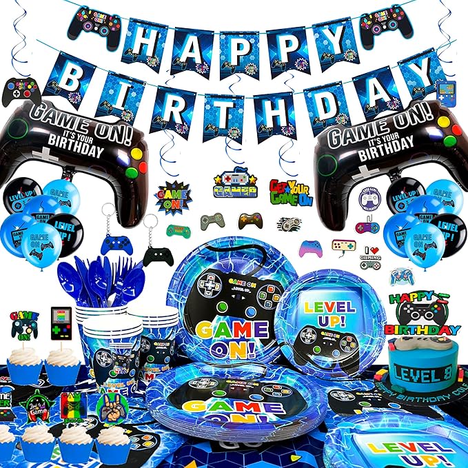 Blue Video Game Party Supplies213pcs Gaming Party Decorations&Video