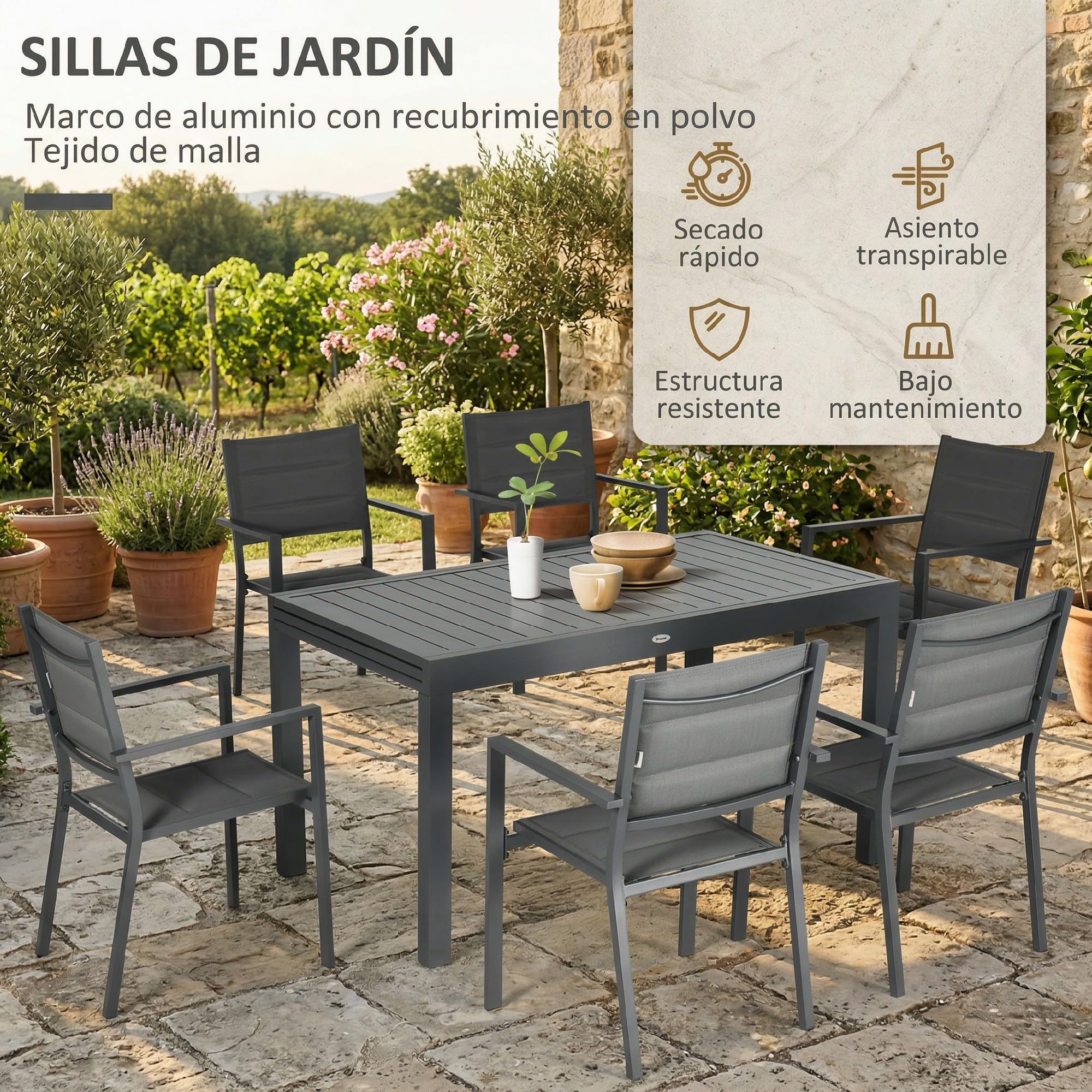 Outsunny Conjunto de Muebles de Jardín de 9 Piezas Mesa Extensible Gris | 8 Sillas Apilables, Juegos de Comedor de Jardín Exterior, Estructura de Aluminio, Terraza y Patio