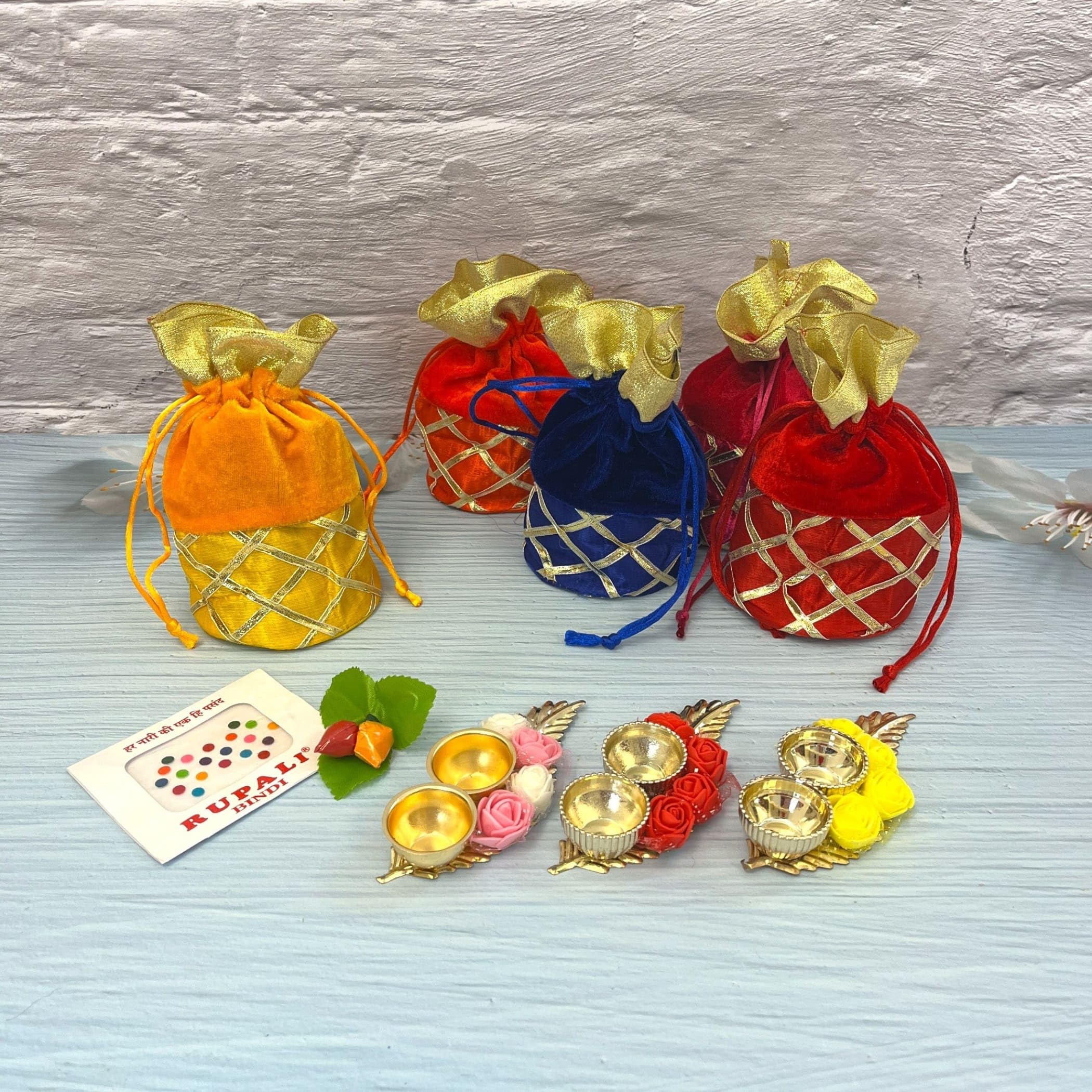 LOVENSPIRE Varalakshmi Vratham Gift Hamper Navaratri Vratha Hindu Religious Teej Karva Chauth Sankranti Pooja Housewarming Return Gifts - Velvel Potli Bags Haldi Kumkum Packet & Holder Bindi Packs