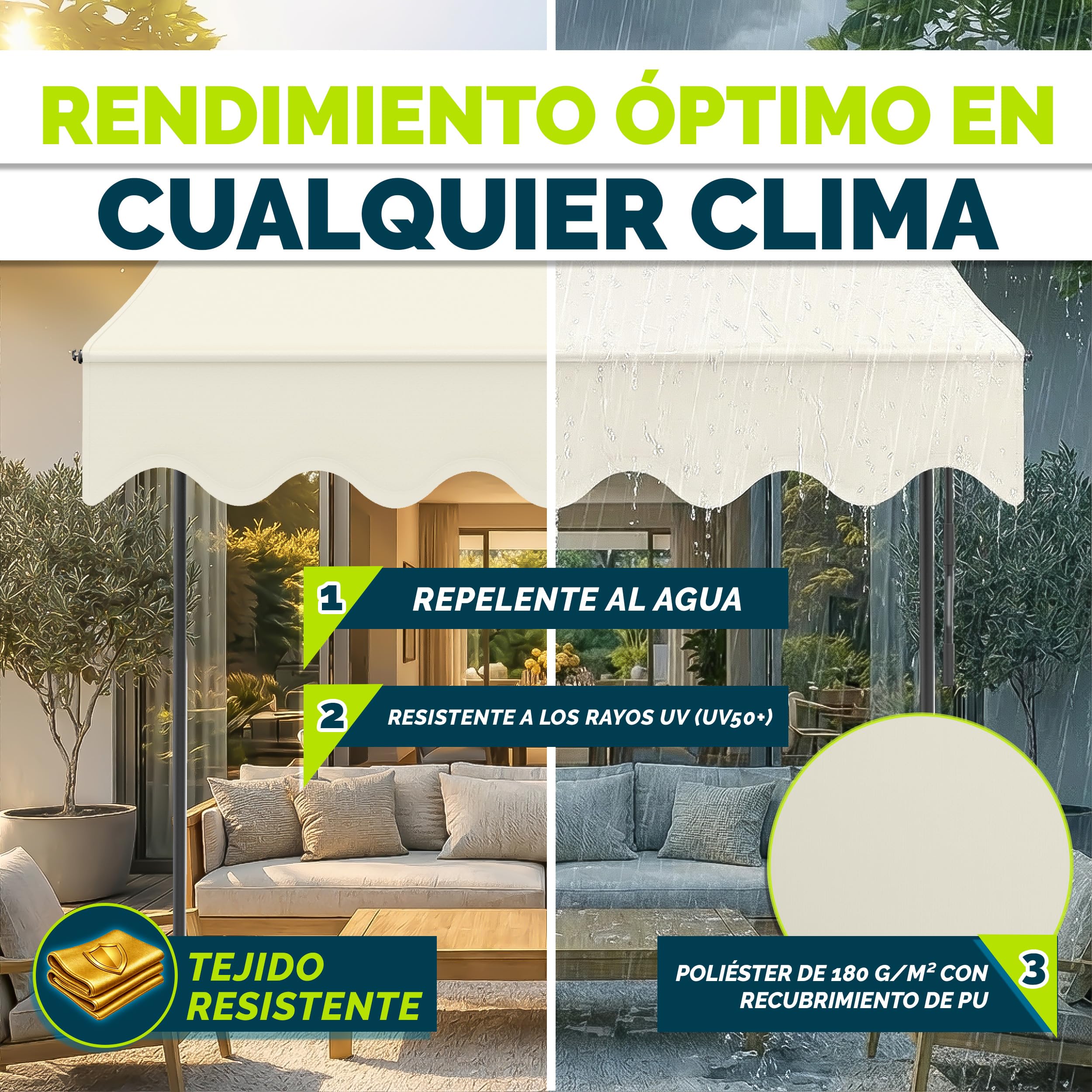 tillvex Toldo Manual portátil de balcón Patio | Toldo Ajustable con manivela para balcón | Parasol Resistente a UVA y Regulable en Altura | Protección Solar estanca a Agua (200cm, Arena)