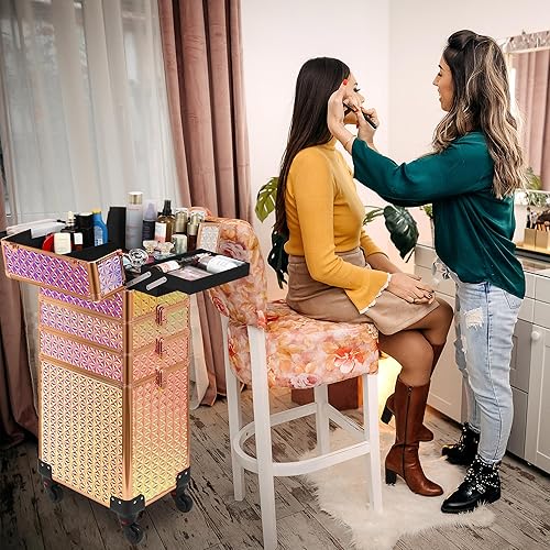 Miniatura 7 de Estuche de maquillaje rodante, estuche de maquillaje con tapa, estuche de cosmetología 5 en 1 sobre ruedas, regalo de Navidad, organizadores de